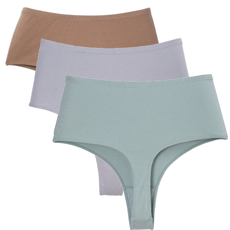 3PCS Cotton Breathable High Elastic High Slit Thong High Waist Solid Color Brief